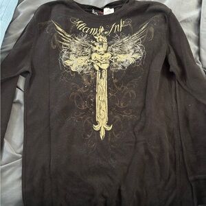 Affliction Black and Gold Crewneck Sweater Ornate Baroque Design